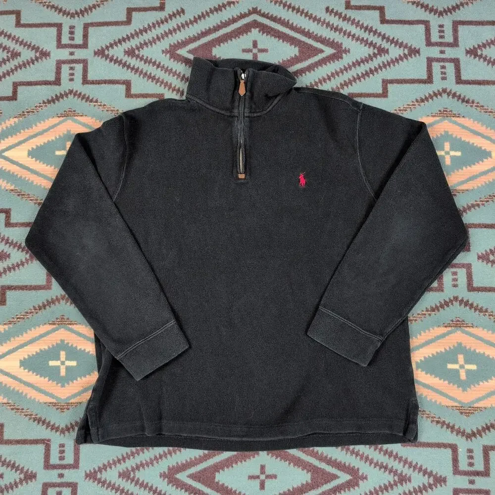 Polo Ralph Lauren 1/4 Zip Pullover Sweater Size L Large boxy Fit Black Cotton